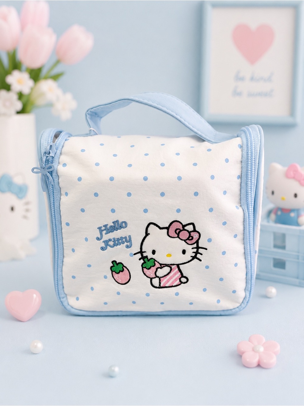 Hello Kitty White & Light Blue Polka Dot Kids Cosmetic Bag